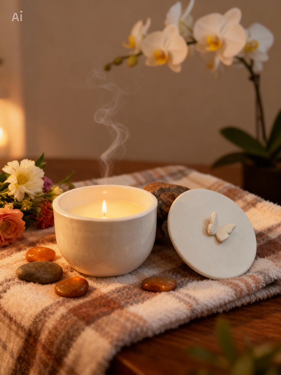 Mise en scene de ma bougie massage en faïence ecru avec son couvercle orné d'un papillon
