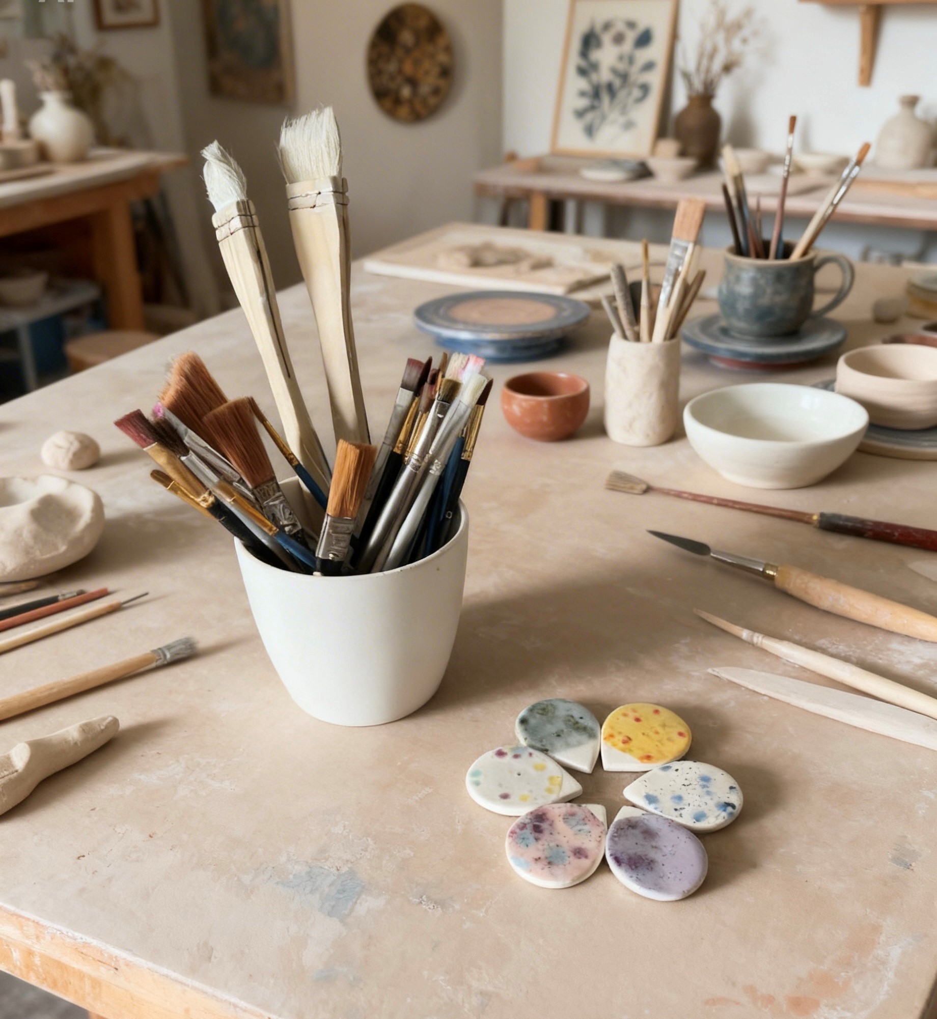 Pinceaux et palette couleurs pour décor sur faiience